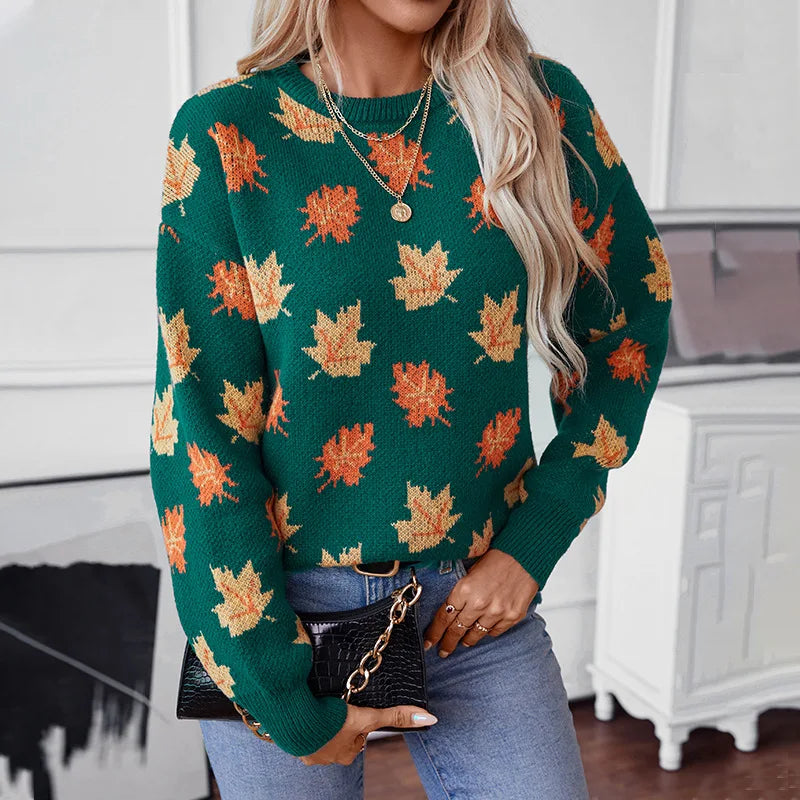 Ceylan Women’s Oversized Knit Sweater Maple Leaf Graphic