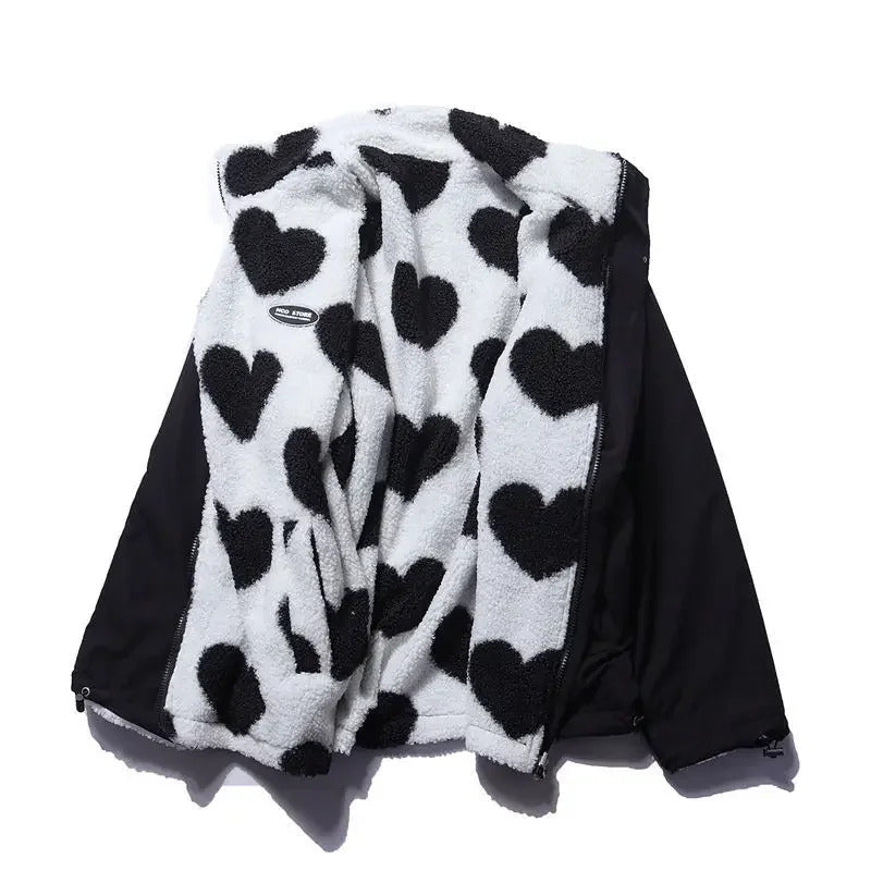 Women's Oversized Heart Print Zip-Up Puffer Jacket With High Collar