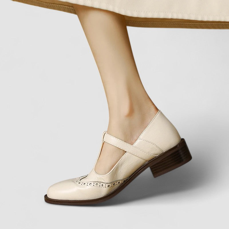 Women’s Mary Jane Shoes with T-Strap Low Heel and Perforated Detail