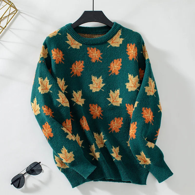 Ceylan Women’s Oversized Knit Sweater Maple Leaf Graphic