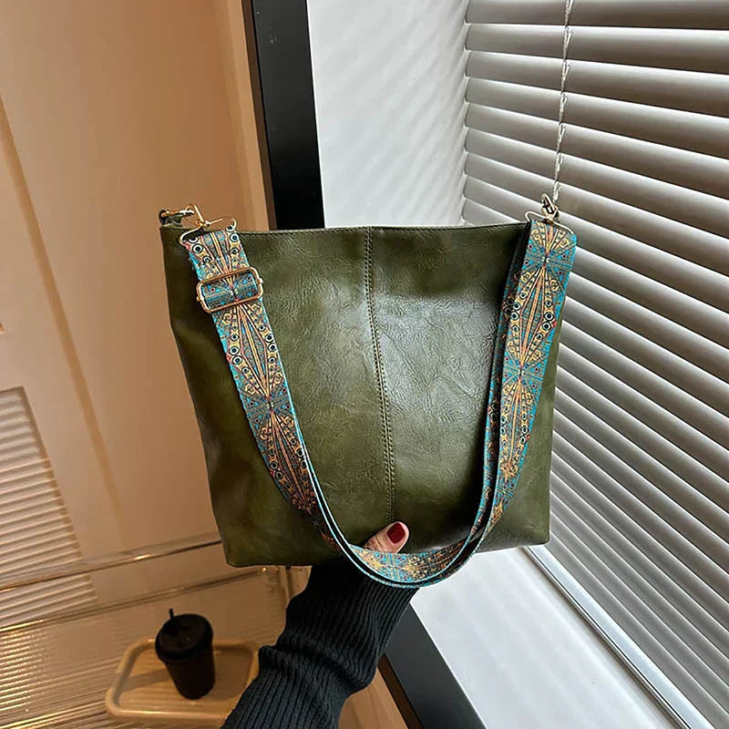 Women's Bohemian Shoulder Bag with Patterned Guitar Strap and Spacious Slouchy Silhouette