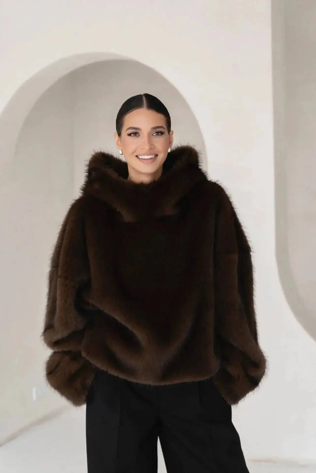 Ceylan Women’s Oversized Faux Fur Hoodie Plush Pullover