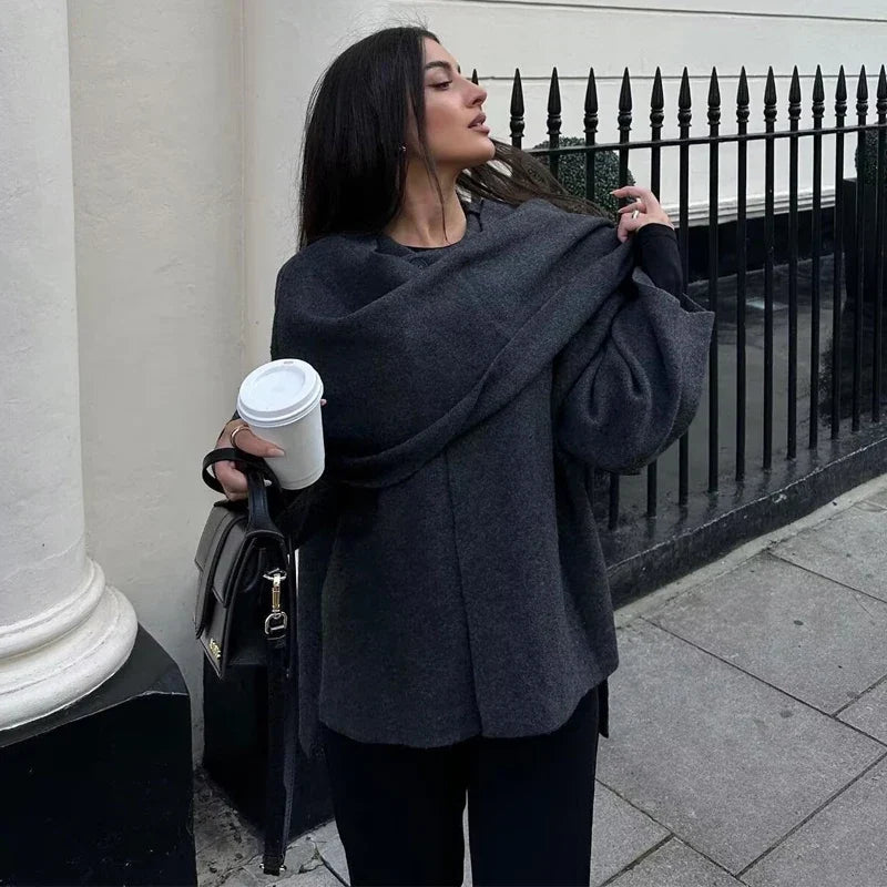 Women's Asymmetric Collar Jacket with Draped Neckline