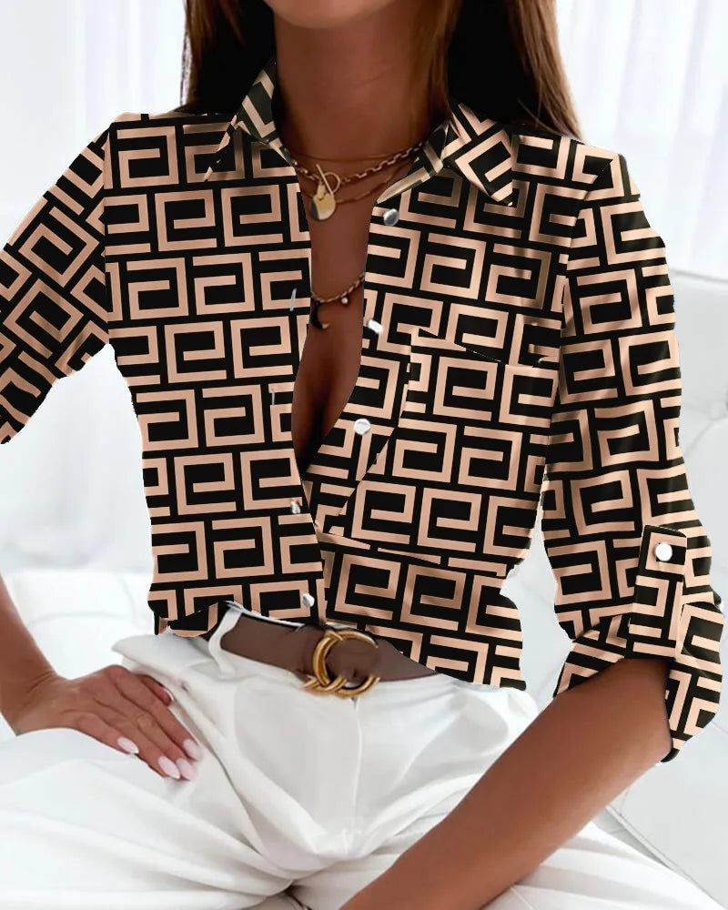 Women’s Blouse with Abstract Face Print and Convertible Roll-Tab Sleeves