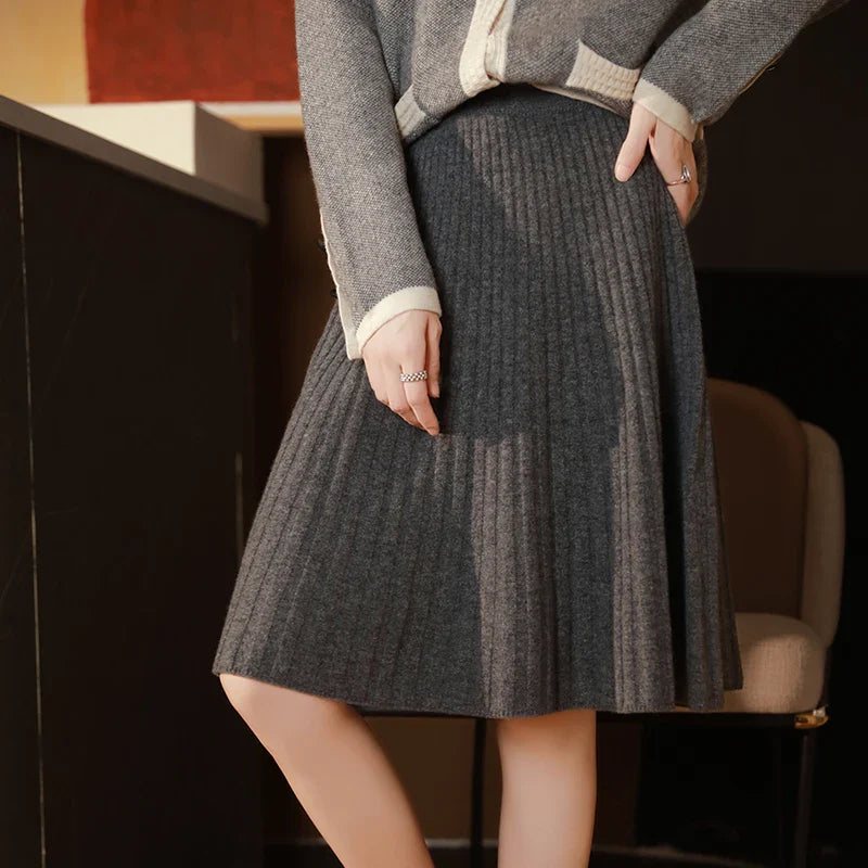 Women’s A-Line Knit Skirt with Ribbed Texture and High Elastic Waist