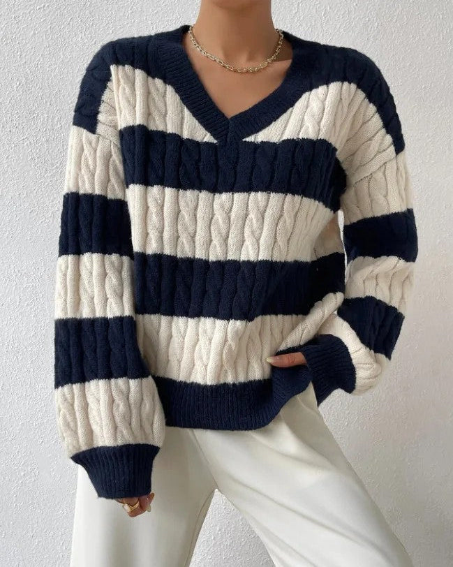 Ceylan Women's Sweater Cropped Striped Cable Knit V-Neck