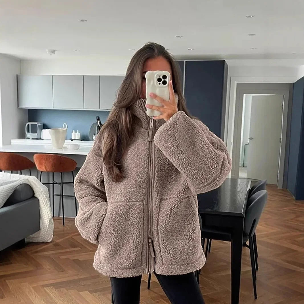 Ceylan High Collar Sherpa Jacket - Premium Zip Up Teddy Coat