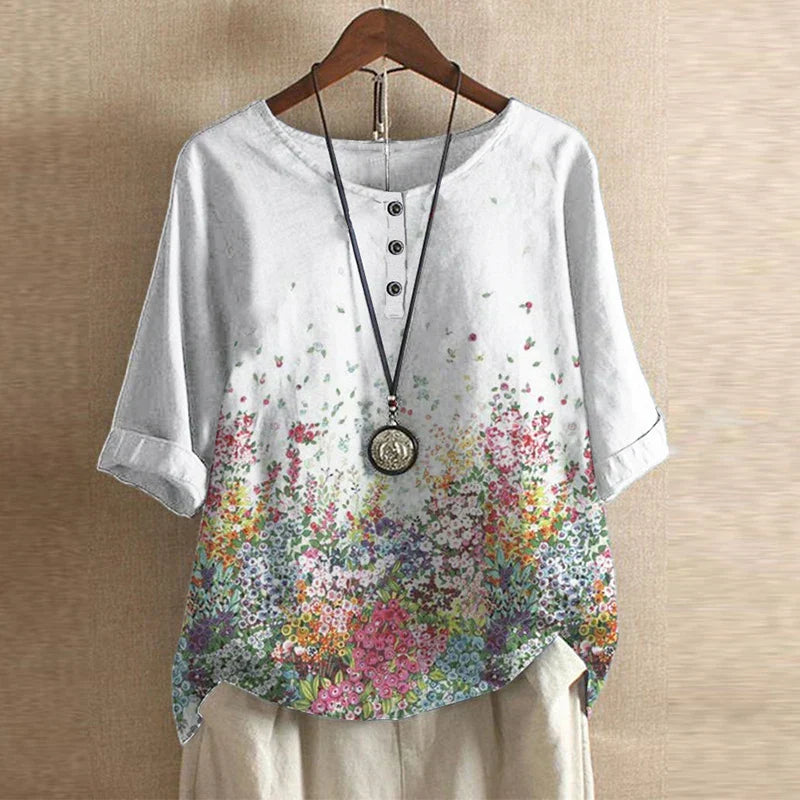 Women’s Blouse with 3/4 Sleeves and Retro Artisanal Floral Print