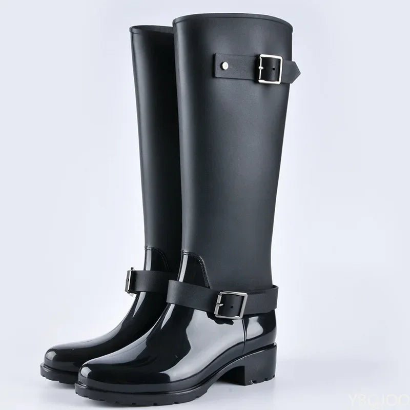 Women's Waterproof Knee-High Rain Boots with Buckles