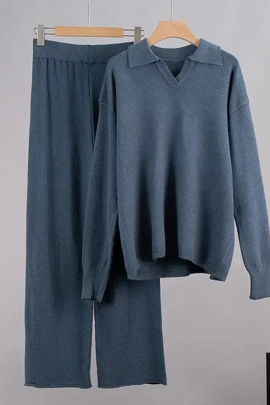 Ceylan Women’s Johnny Collar Sweater Set Wide Leg Silhouette