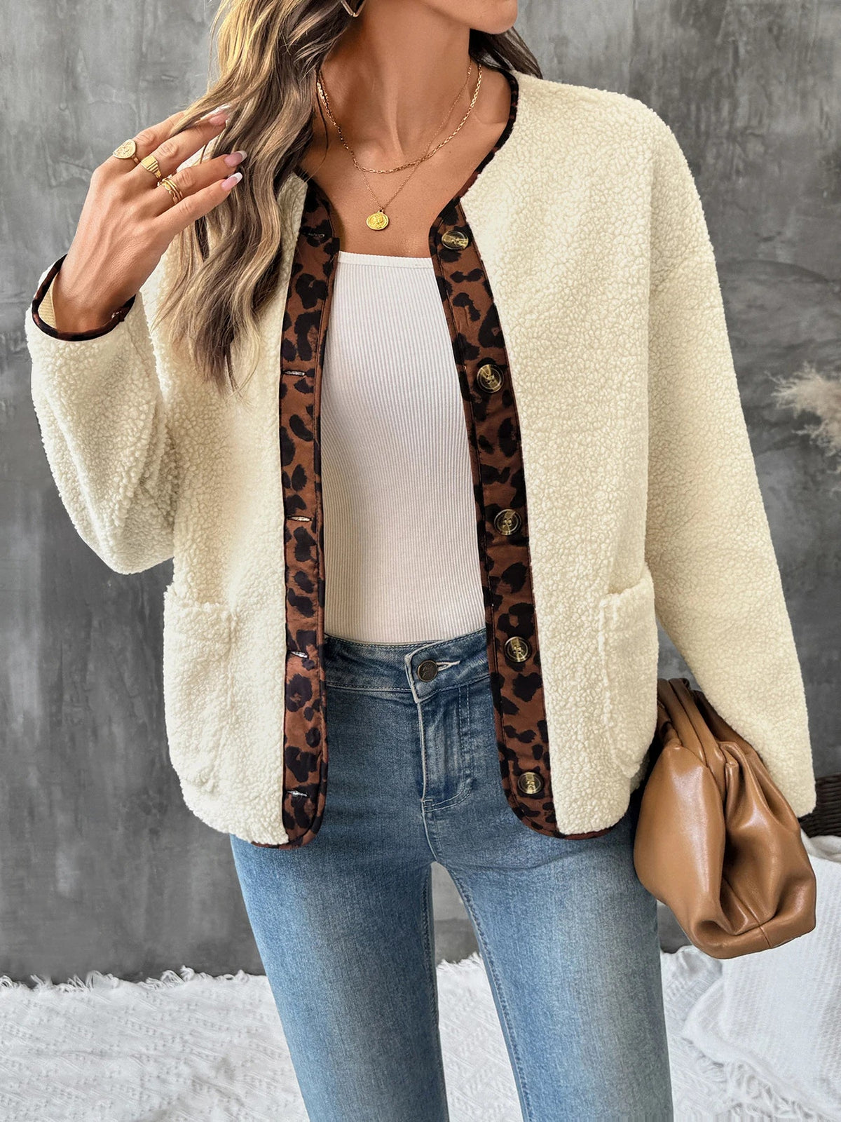 Women's Cream Boucle Open-Front Cardigan with Leopard Print Trim
