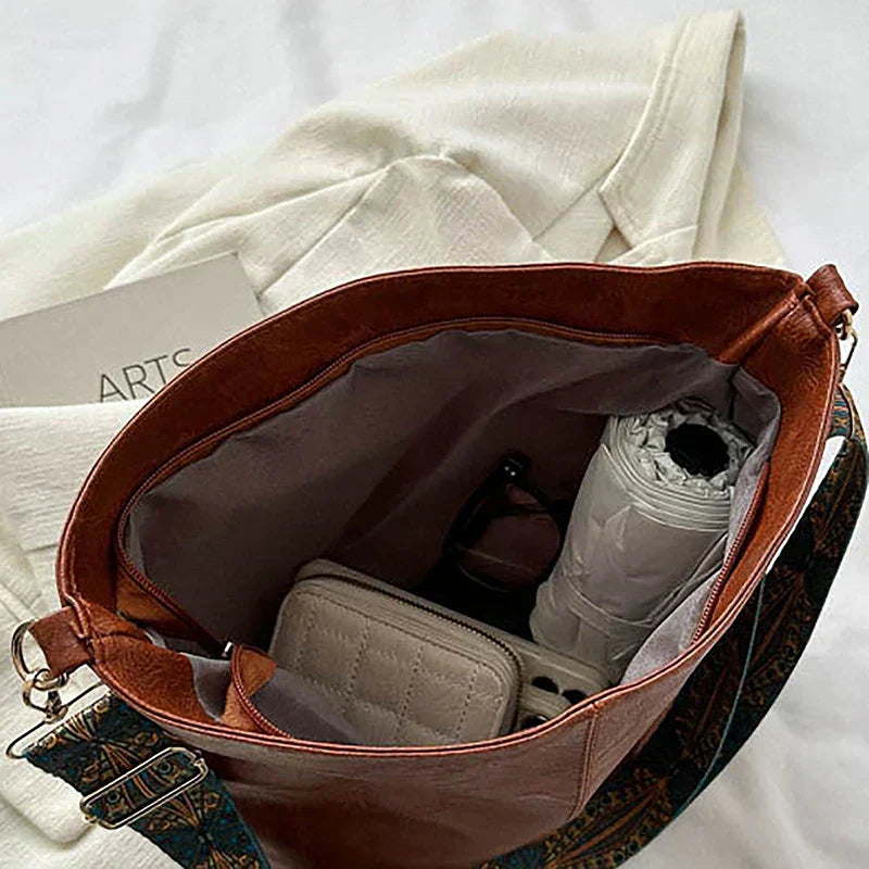 Women's Bohemian Shoulder Bag with Patterned Guitar Strap and Spacious Slouchy Silhouette