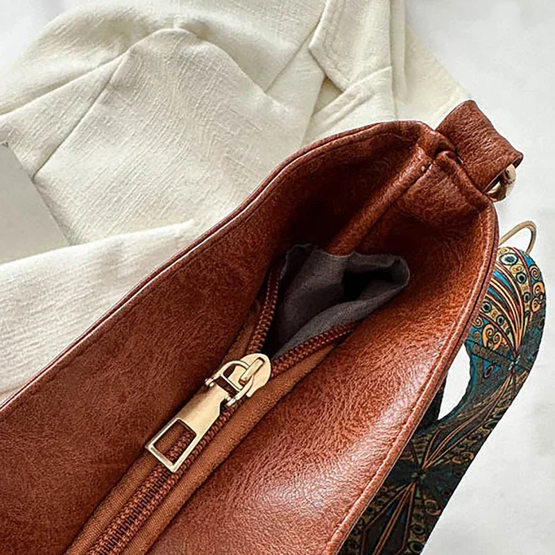 Women's Bohemian Shoulder Bag with Patterned Guitar Strap and Spacious Slouchy Silhouette