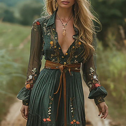 Women's Boho Maxi Dress with Tie Belt for Effortless Elegance