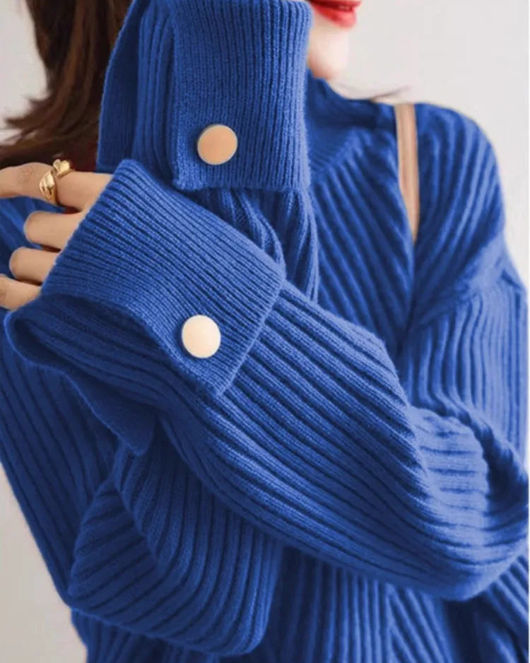 Ceylan Women's Pullover Ribbed Mock Neck Button Detail Sweater