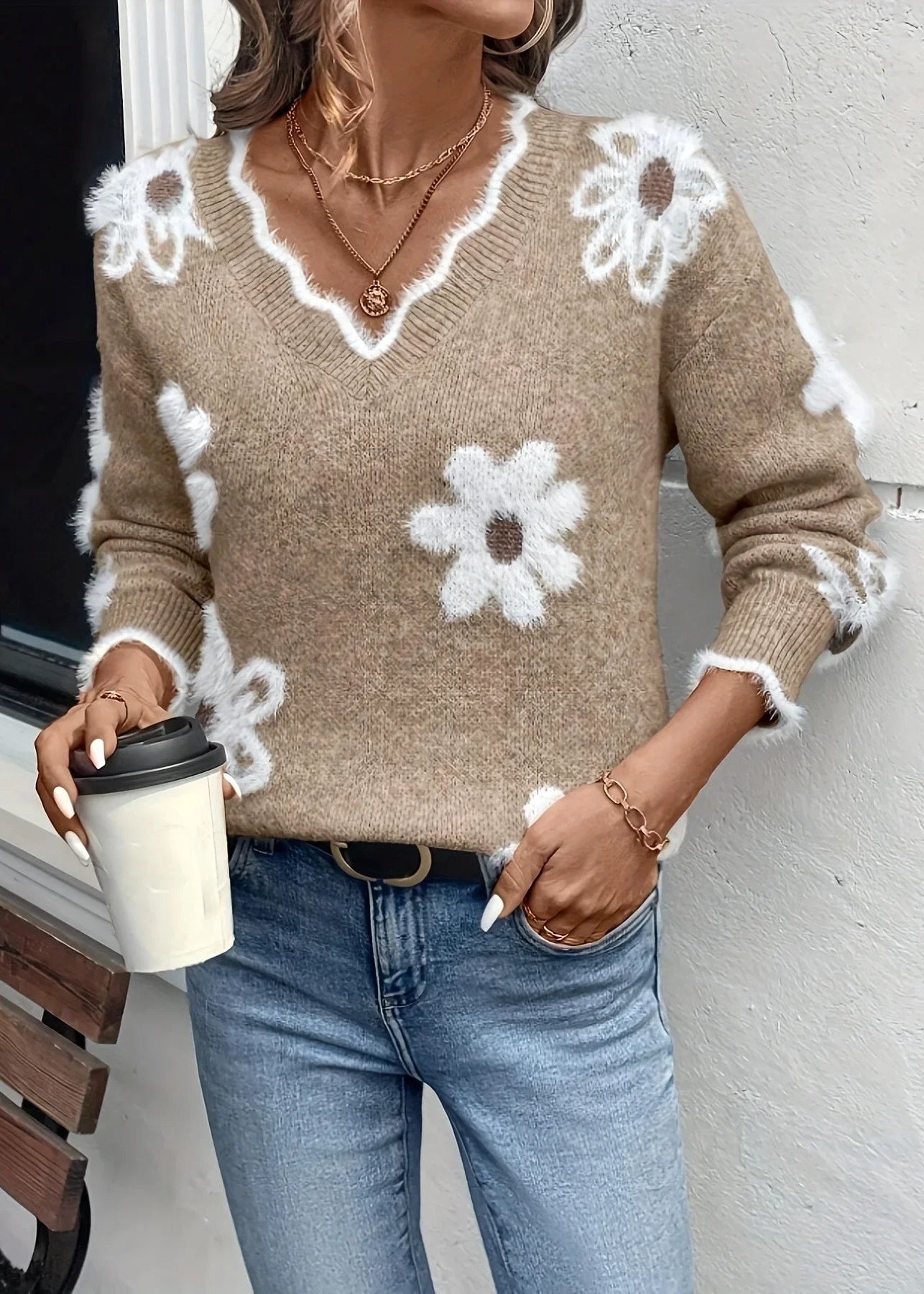 Ceylan Women’s Floral V-Neck Knit Sweater Soft Relaxed Fit Jumper