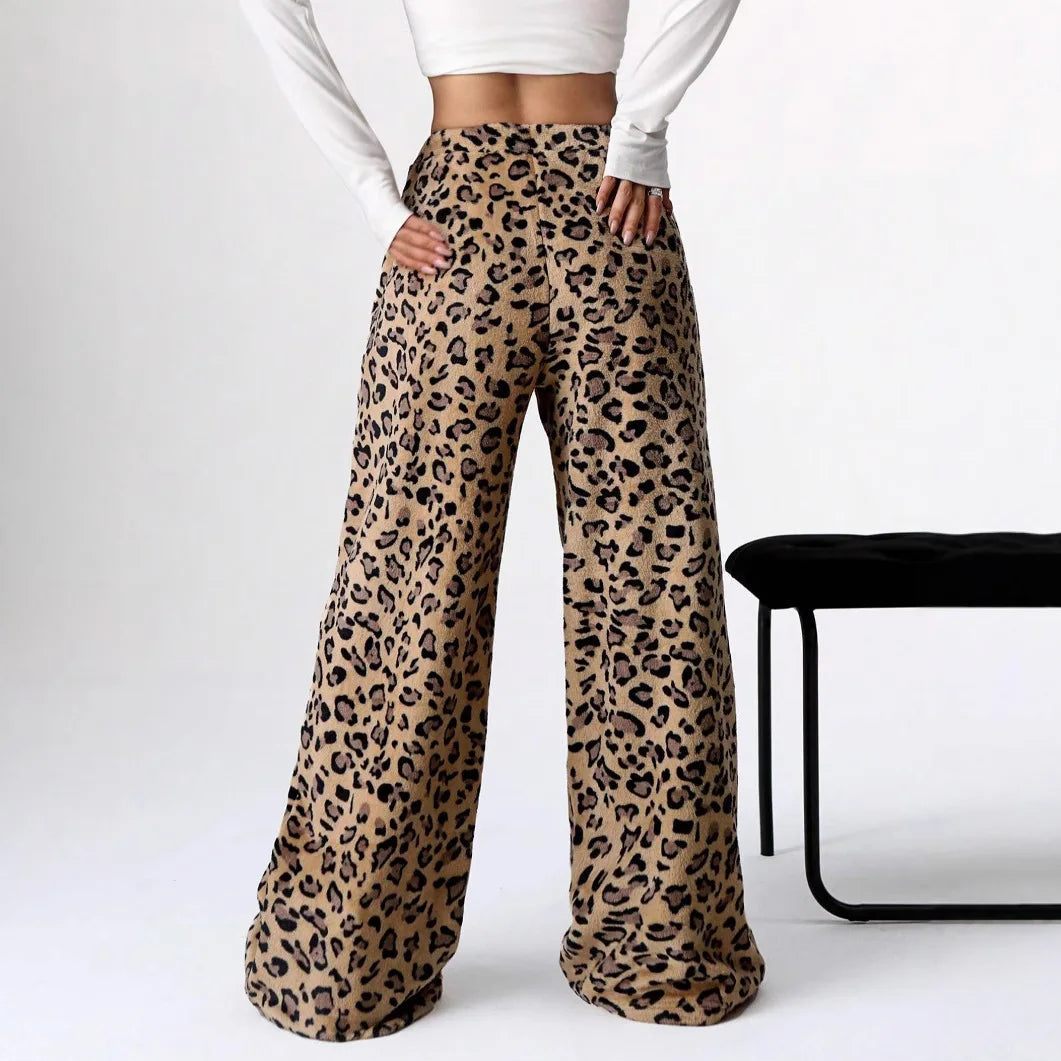Ceylan Women’s Lounge Pants Wide Leg Fleece Leopard Print