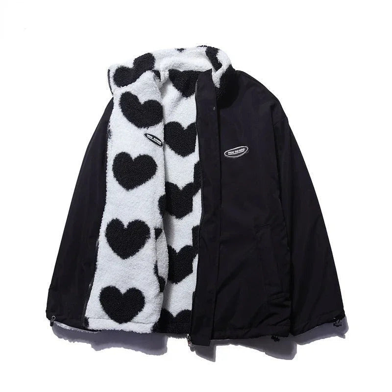 Women's Oversized Heart Print Zip-Up Puffer Jacket With High Collar