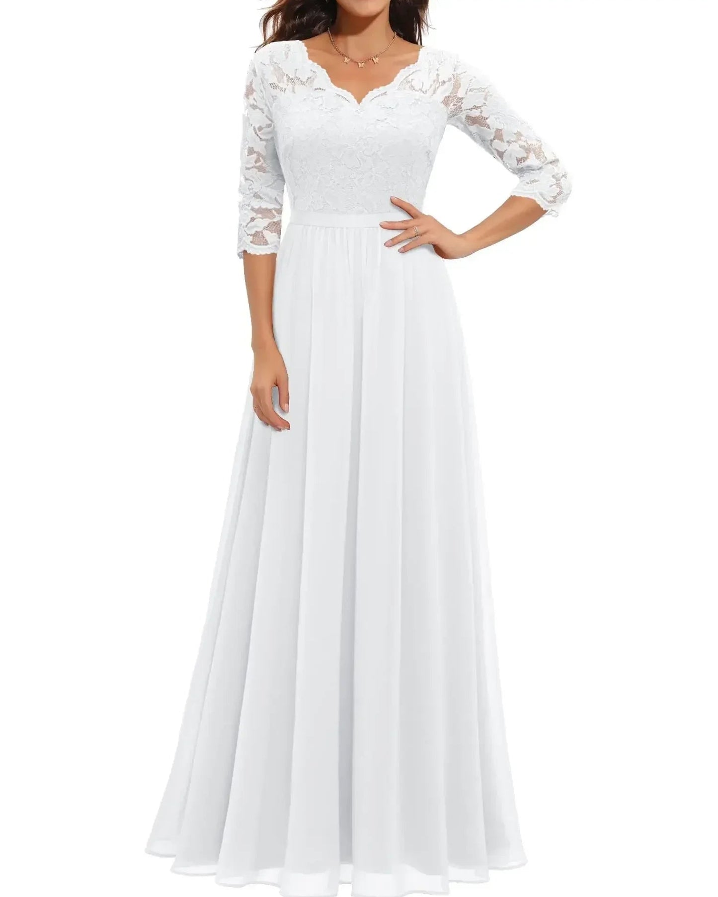 Women’s Lace Maxi Dress with Scalloped V-Neck and Three-Quarter Sleeves