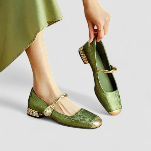 Women’s Mary Jane Shoes with Embossed Floral and Pearl Strap