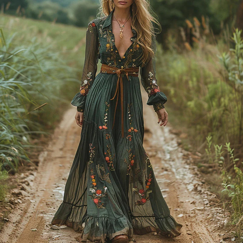 Women’s Embroidered Maxi Dress with Long Lantern Sleeves and Tiered Ruffle Hem