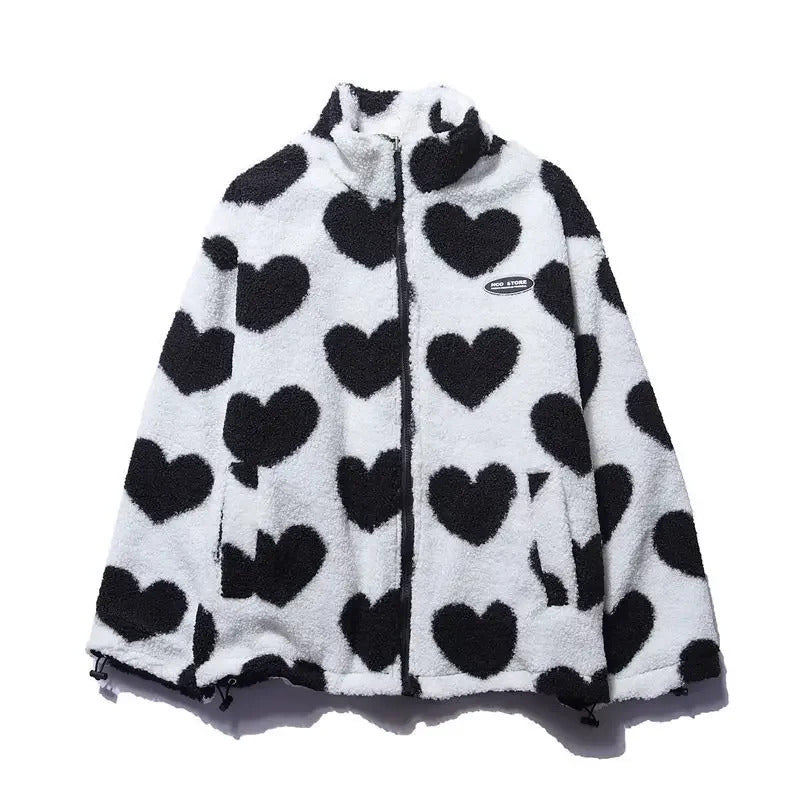 Women's Oversized Heart Print Zip-Up Puffer Jacket With High Collar