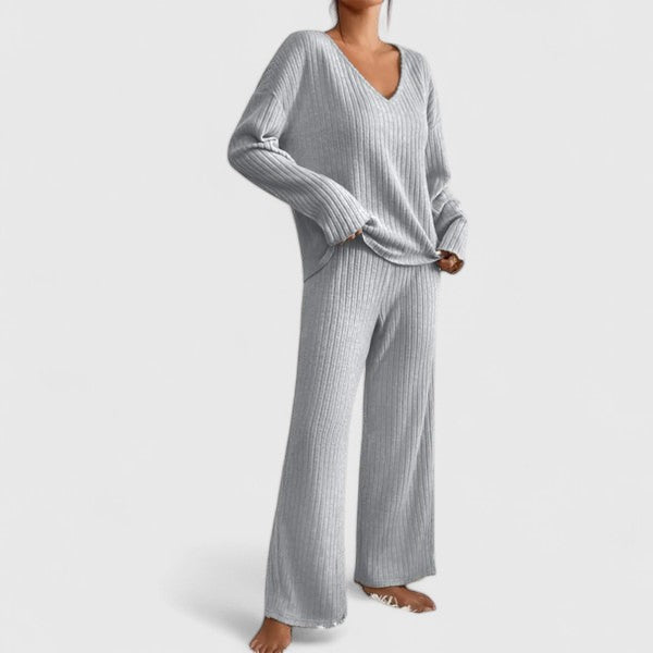 Women's Ribbed Knit V-Neck Top And Wide-Leg Pants Set