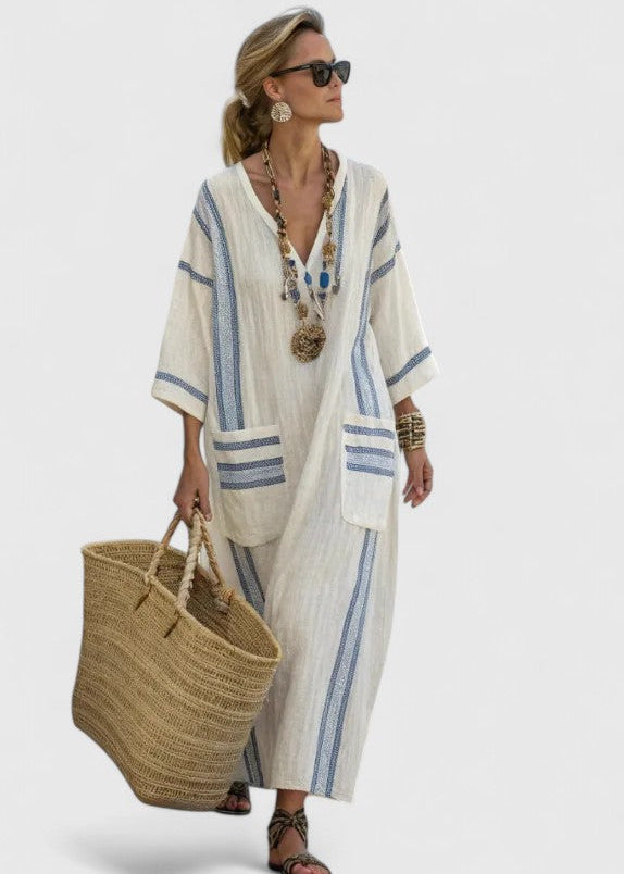 Women’s Kaftan Maxi Dress with V-Neckline and Artisanal Stripe Detail