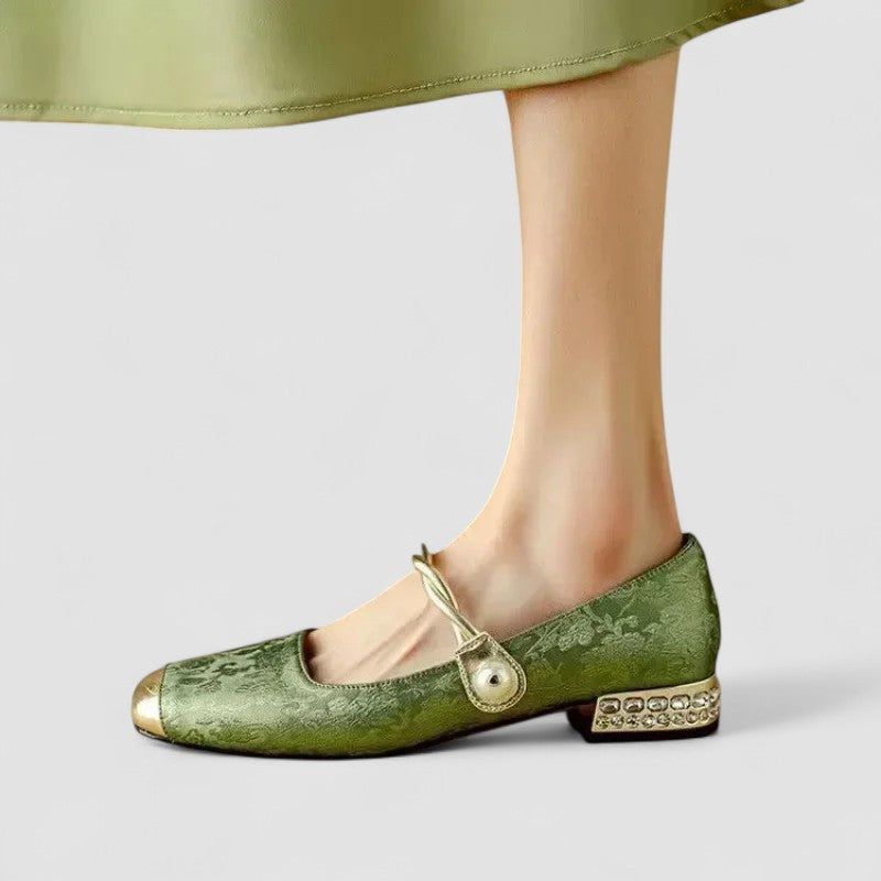 Women’s Mary Jane Shoes with Embossed Floral and Pearl Strap
