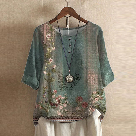 Women’s Blouse with 3/4 Sleeves and Retro Artisanal Floral Print