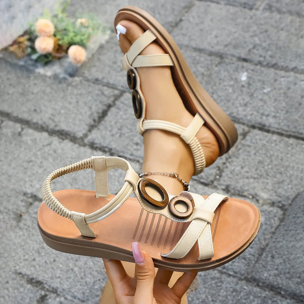 Women’s Flat Sandals with Braided Straps and Metallic Buckle Detail