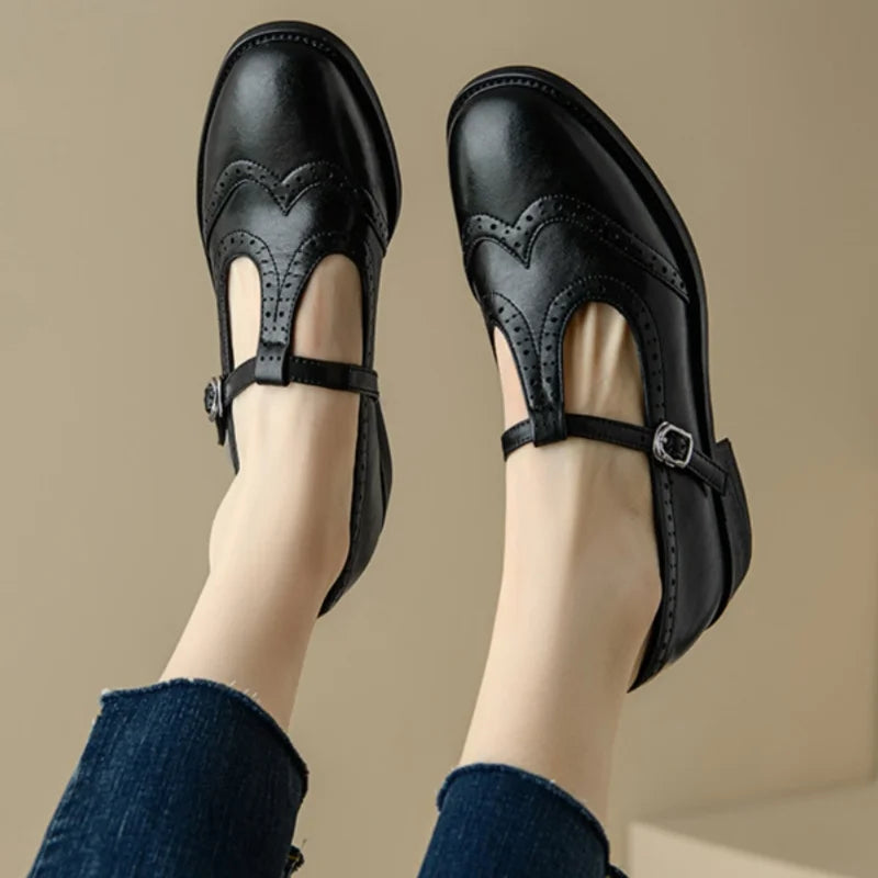 Women’s Mary Jane Shoes with T-Strap Low Block Heel and Buckle