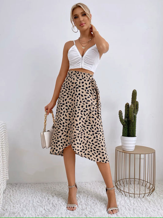 Women’s Midi Wrap Skirt with High Waist and Asymmetrical Hem