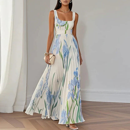 Women's Floral A-Line Maxi Dress with Square Neckline for Romantic Elegance