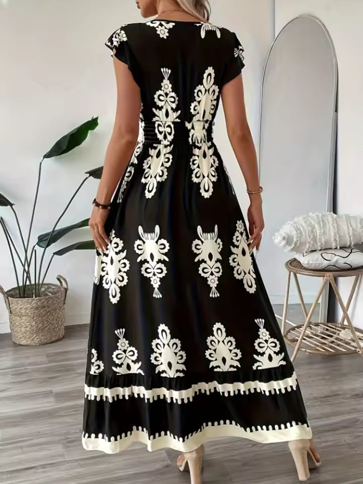 Women’s Boho Floral Midi Dress with V-Neck and Smocked High Waist