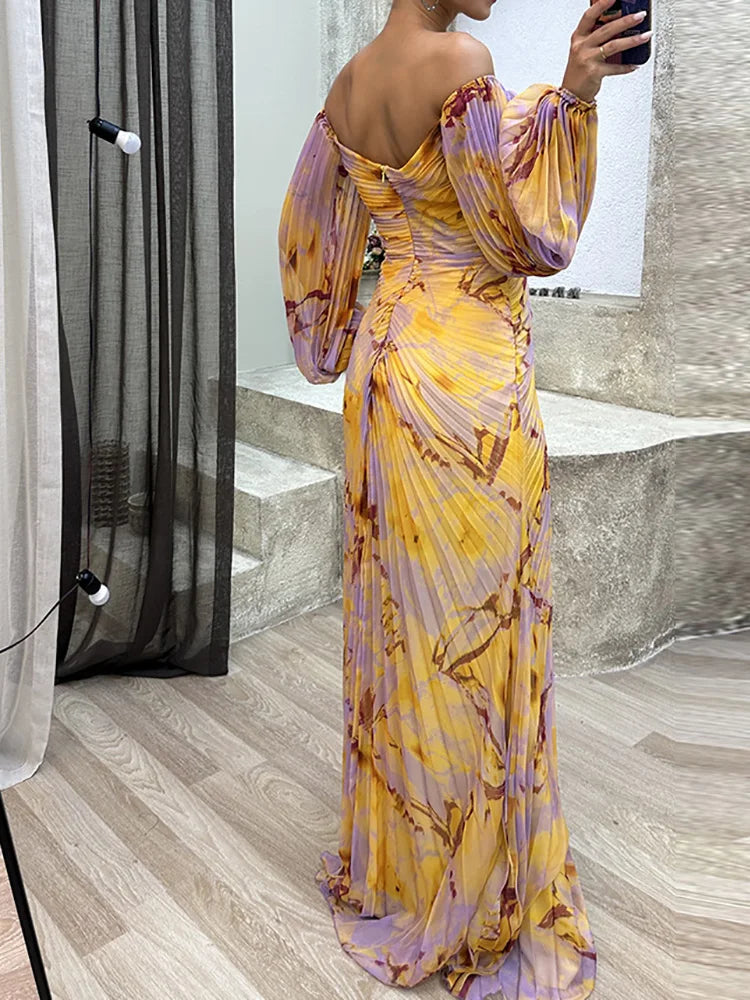 Women’s Plissé Maxi Dress Off-Shoulder Puff Sleeve Embellished Wedding Guest Gown