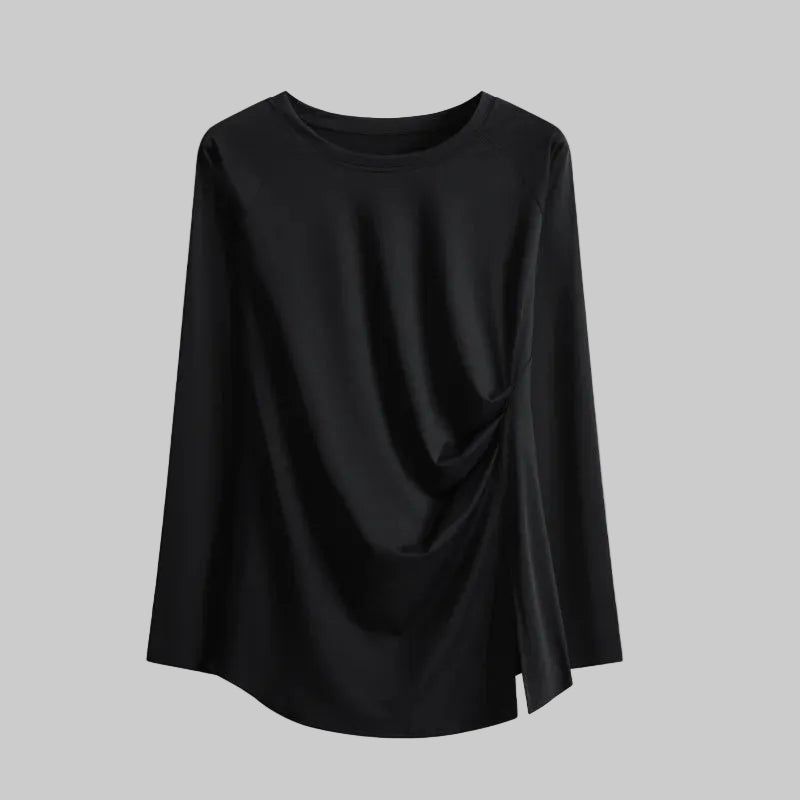 Women’s Long Sleeve Top with Side Ruched Drape and Asymmetric Slit
