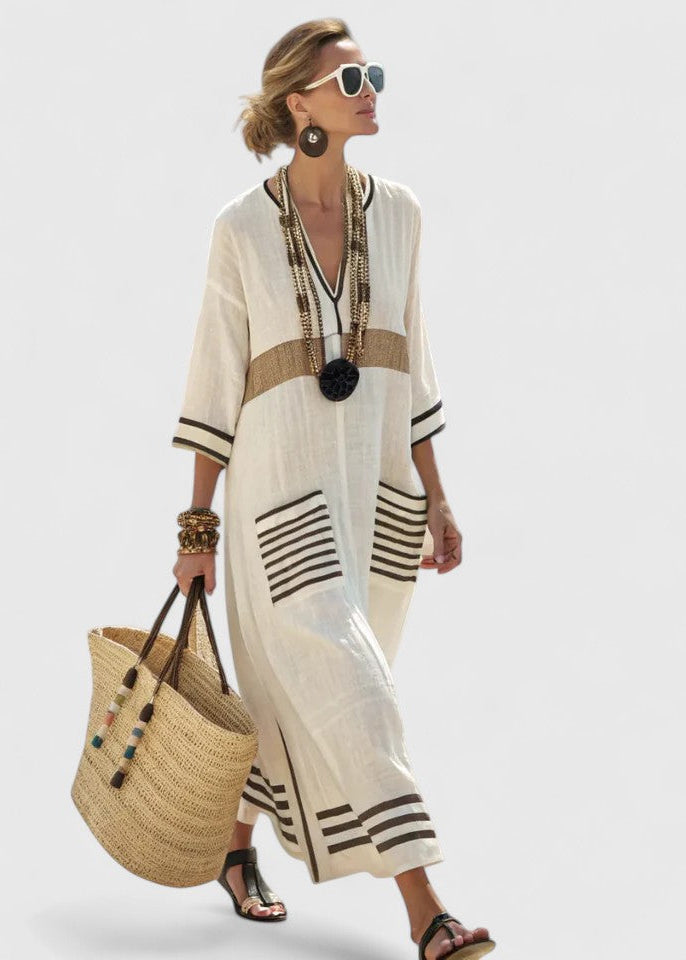Women’s Kaftan Maxi Dress with V-Neckline and Artisanal Stripe Detail