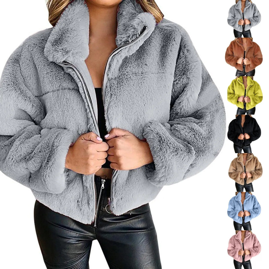 Ceylan Women’s Cropped Faux Fur Zip-Up Jacket