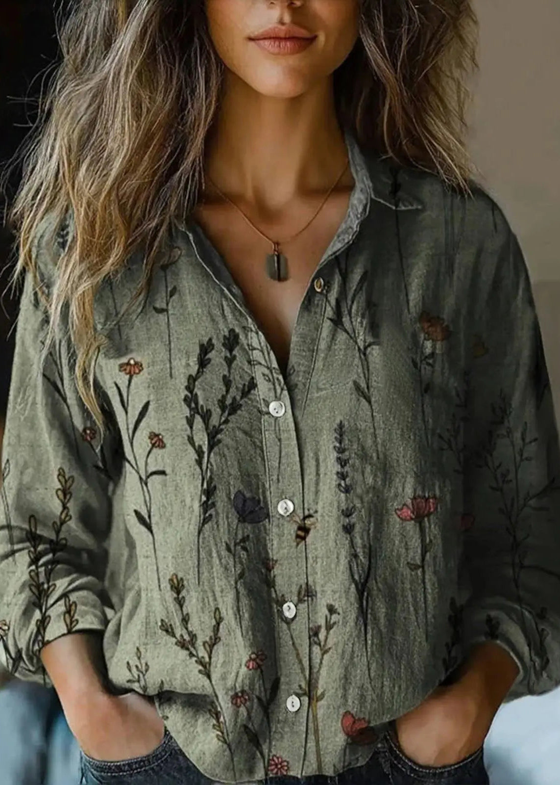 Women’s Button Down Shirt with Vintage Paisley Floral Print and Long Sleeves