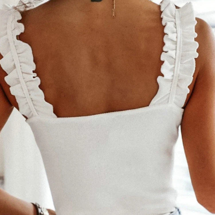 Women’s Ribbed Tank Top with Ruffled Shoulder Straps and Square Neckline
