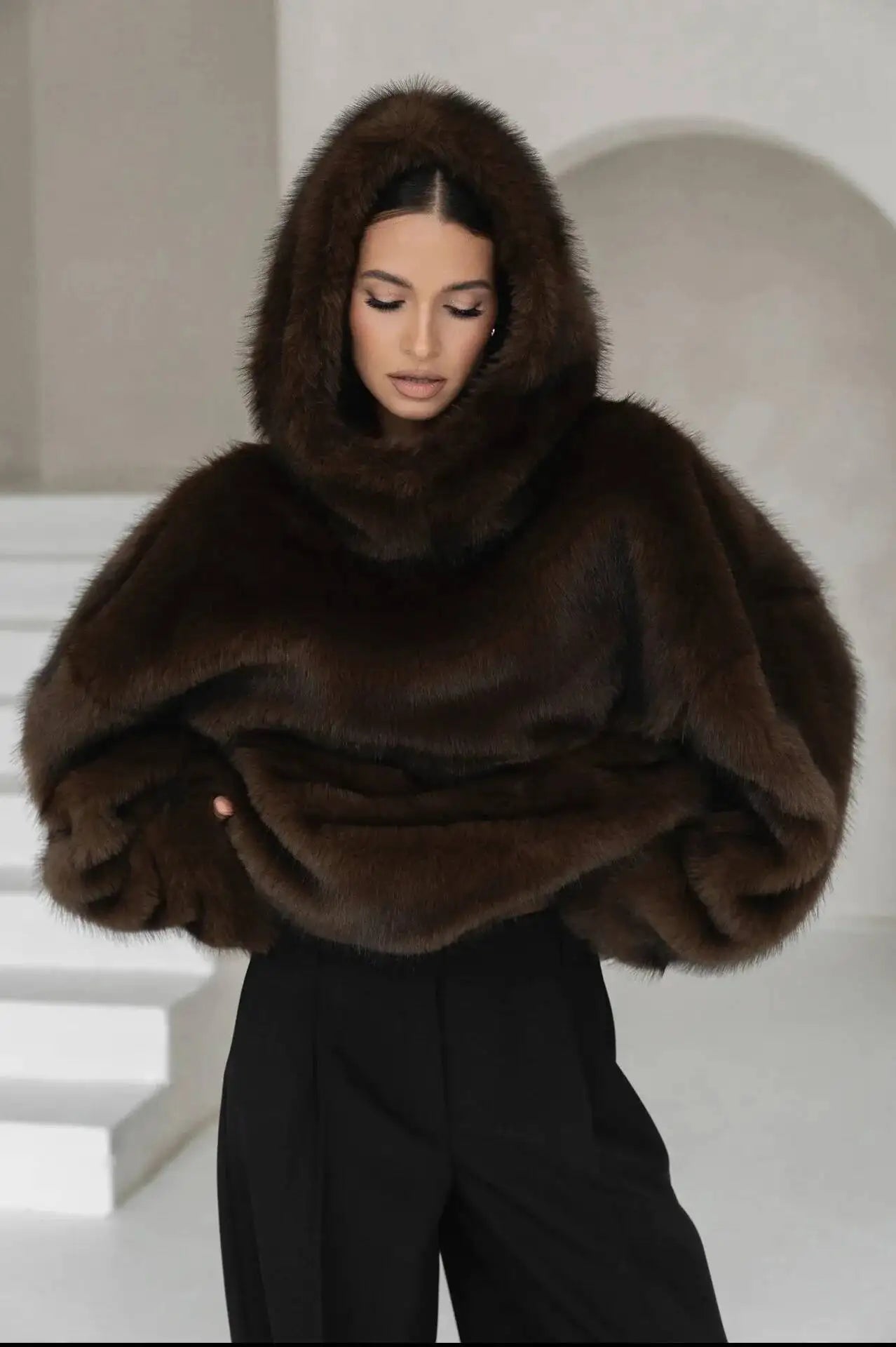 Ceylan Women’s Oversized Faux Fur Hoodie Plush Pullover