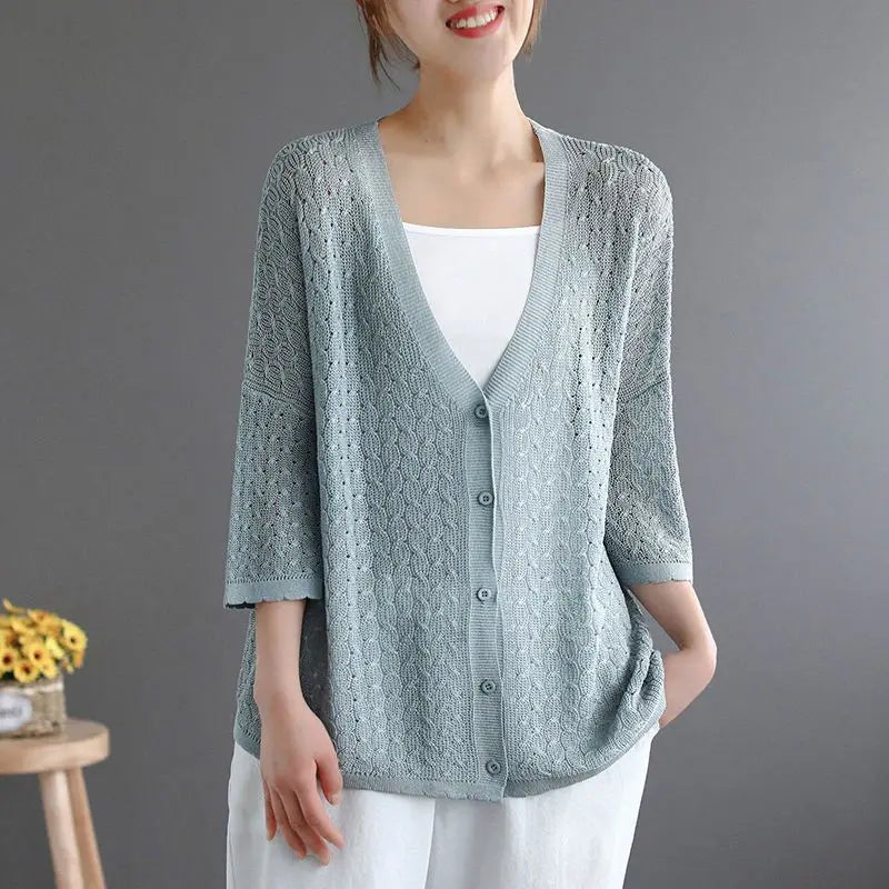 Women's Lightweight Hollow-Knit V-Neck Button-Front Cardigan With 3/4 Sleeves