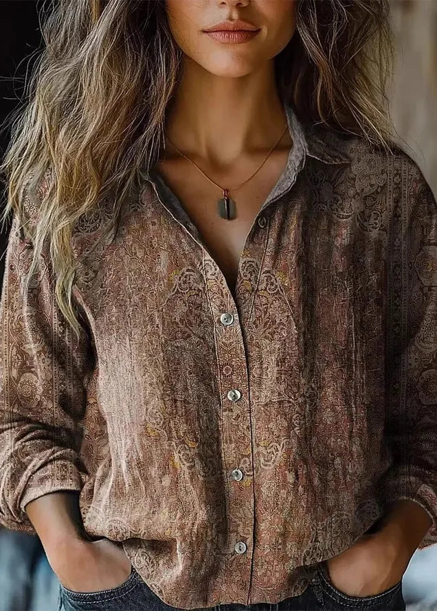 Women’s Button Down Shirt with Vintage Paisley Floral Print and Long Sleeves