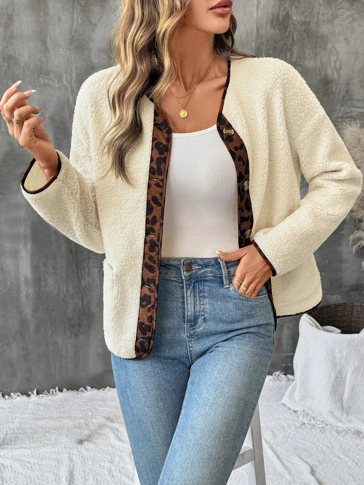 Women's Cream Boucle Open-Front Cardigan with Leopard Print Trim
