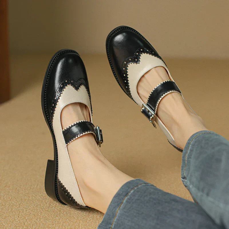 Women’s Mary Jane Shoes Two-Tone Brogue Leather with T-Strap Low Block Heel