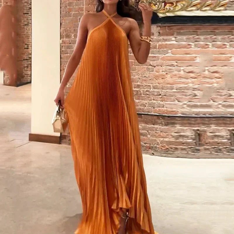 Women’s Pleated Maxi Dress Halter Neck Trapeze Silhouette Evening Gown