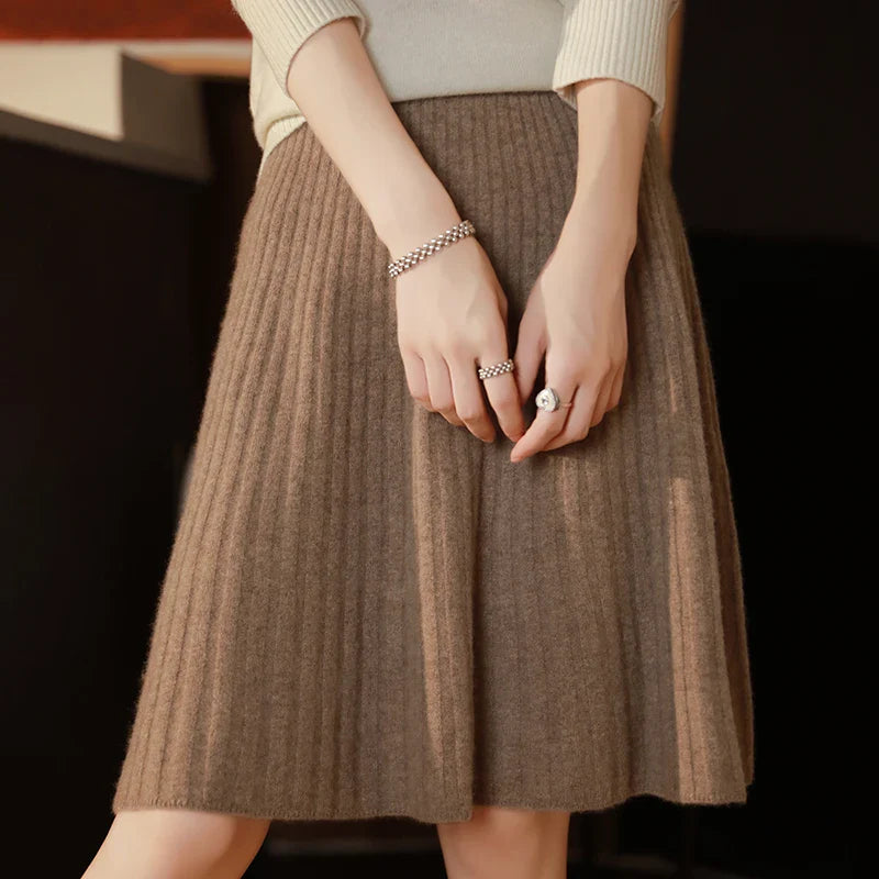 Women’s A-Line Knit Skirt with Ribbed Texture and High Elastic Waist