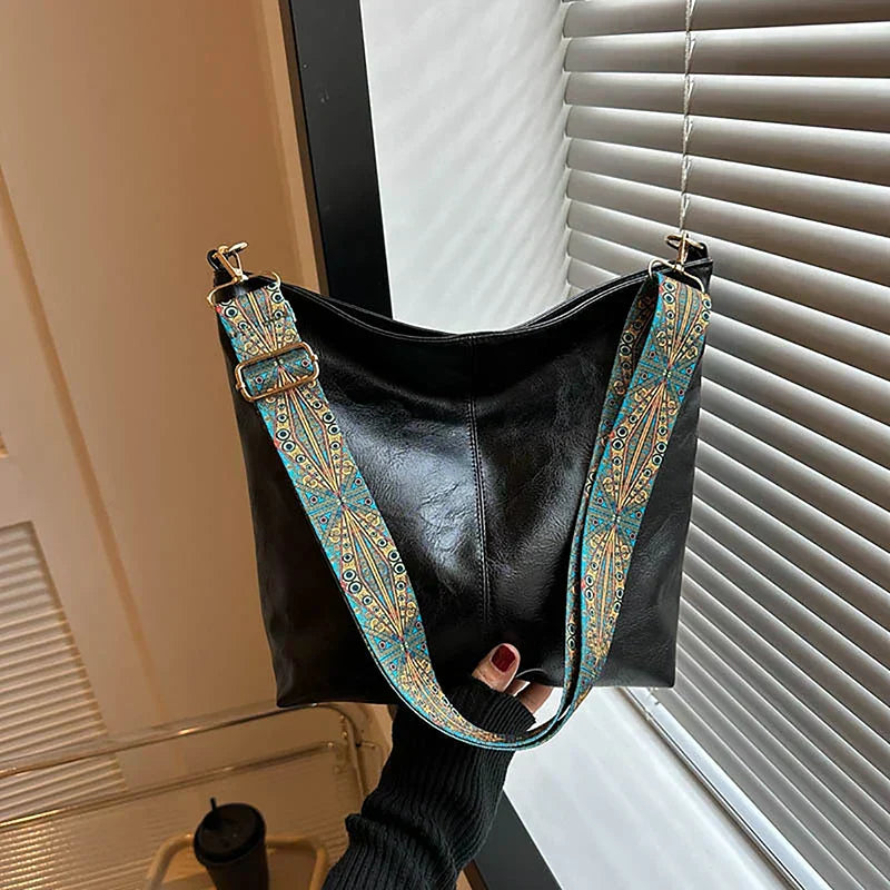 Women's Bohemian Shoulder Bag with Patterned Guitar Strap and Spacious Slouchy Silhouette