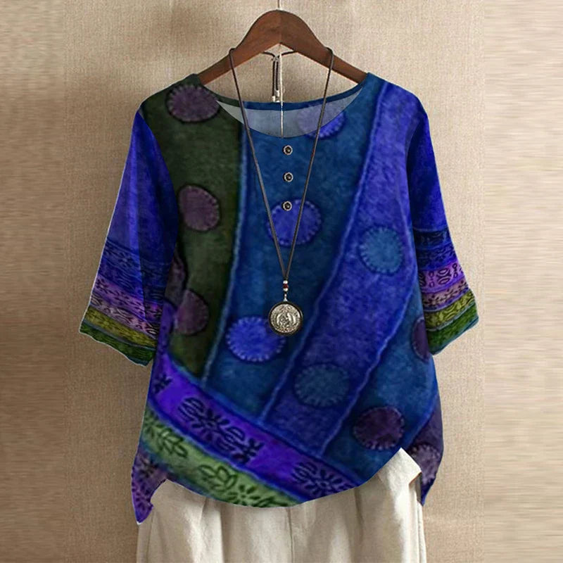 Women’s Blouse with 3/4 Sleeves and Retro Artisanal Floral Print